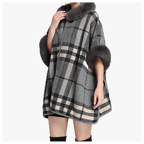 24 Boho Fabulous Plaid Fur Trim Hooded Oversized Cozy Jacket Poncho - Picture 5 of 6